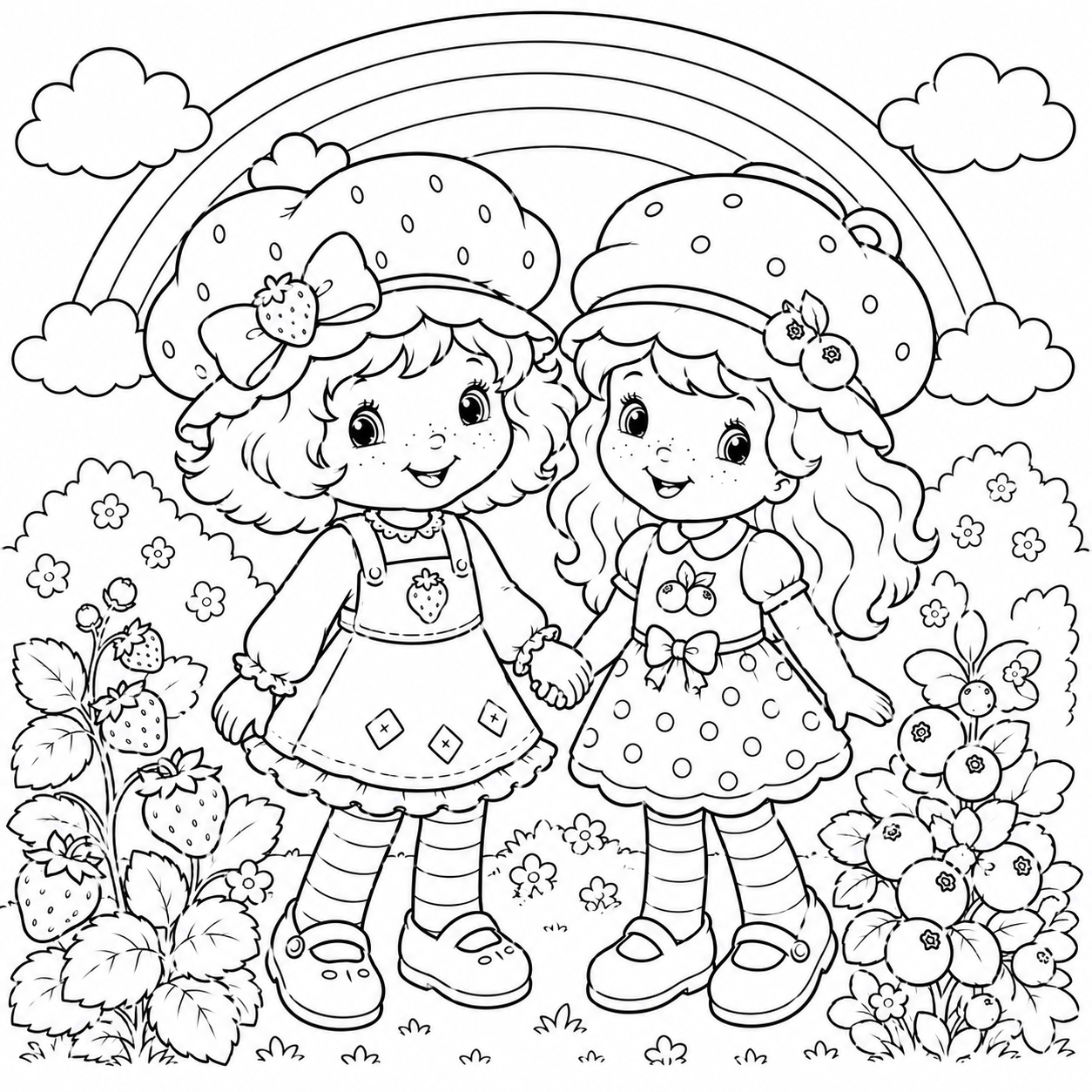Strawberry Shortcake and Blueberry Muffin Together coloring page showing best friends laughing side by side